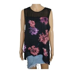 Zac & Rachel Womens Large Sheer Lined Flowy Sleeveless Black Floral Boho Top